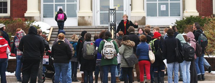 Christa Blizzard with Unite! opens the rally for accessible post-secondary education at St. Thomas University on Nov. 24. Photo: ChoraChroma PhotoGraphic. christa