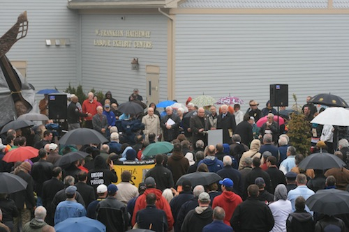 Danny Legere, President of CUPE NB, addresses the crowd at the National Day of Mourning event in Saint John on April 28, 2011. Photo: Greg Cook. crowd-danny
