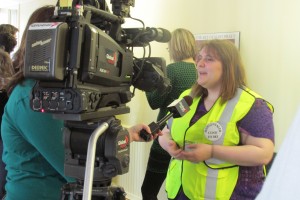 A clinic escort speaking to the media about the need for the access to abortions for women. Photo by Tracy Glynn.